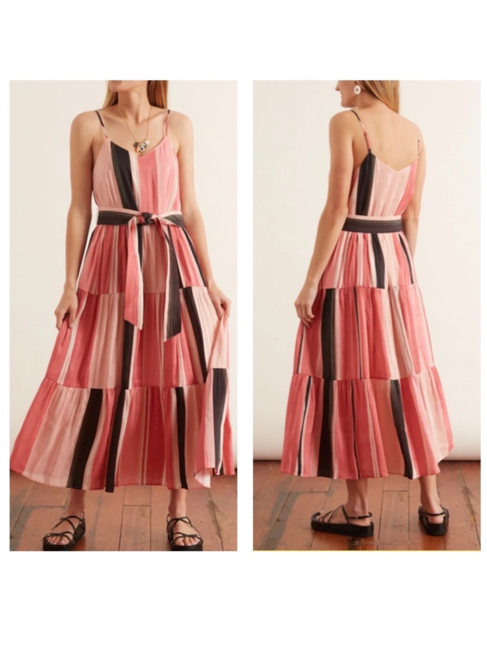 APIECE APART Striped Linen Silk Blend Tiered Midi Dress Pink Belted Tie Waist